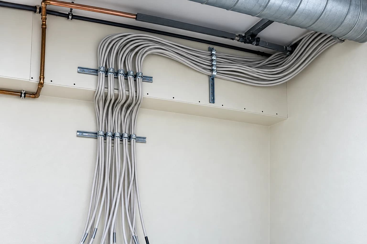 Sauber geschelltes Leitungsbündel an der Wand