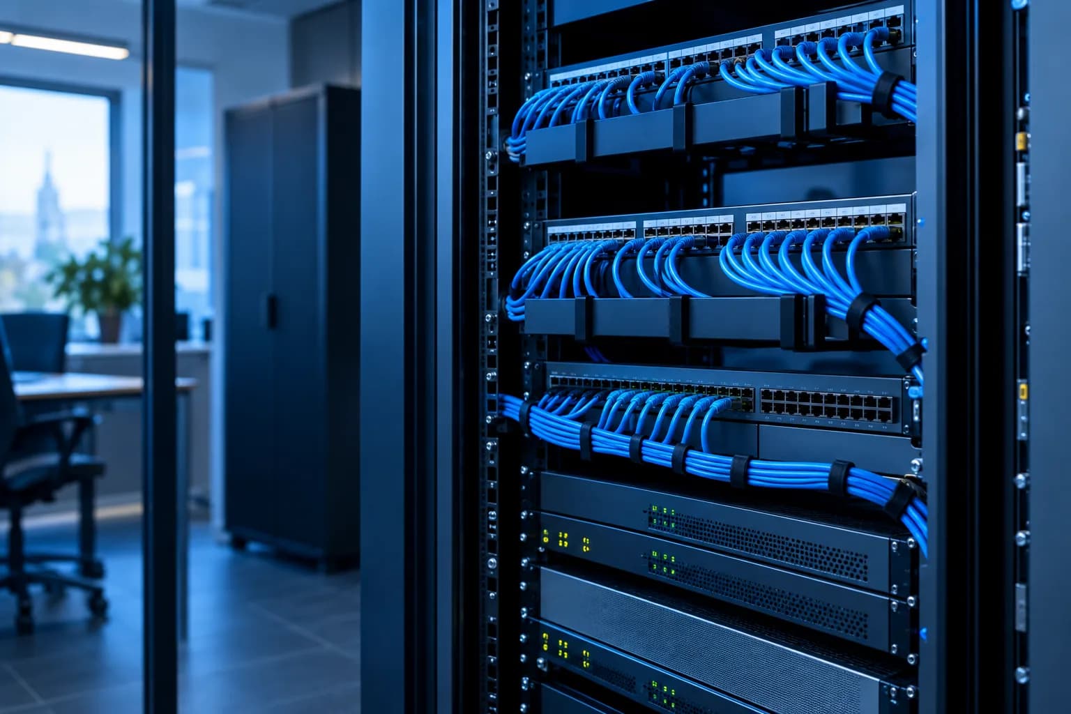 Aufgeräumter Netzwerkschrank mit Patchfeld und blauen Kabeln