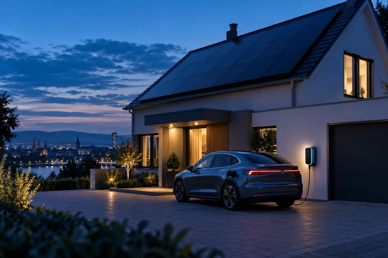 Einfamilienhaus mit Solaranlage und Elektroauto an der Wallbox