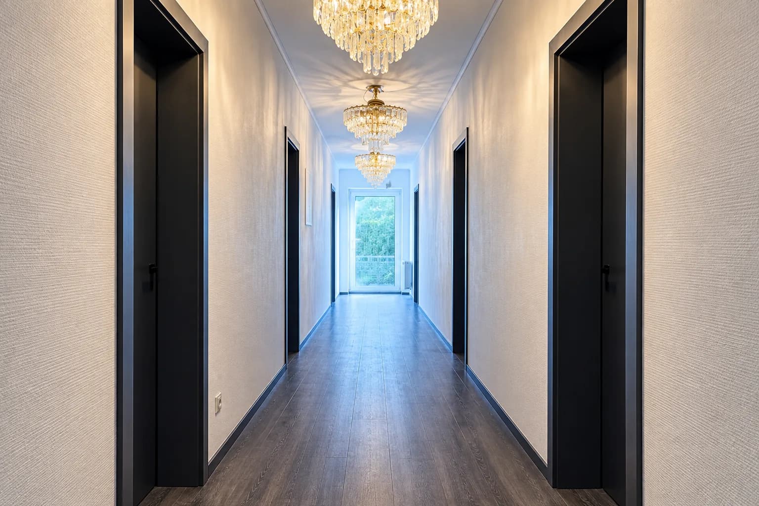 Renovierter Hotelflur mit Kristallleuchtern und dunklen Türen